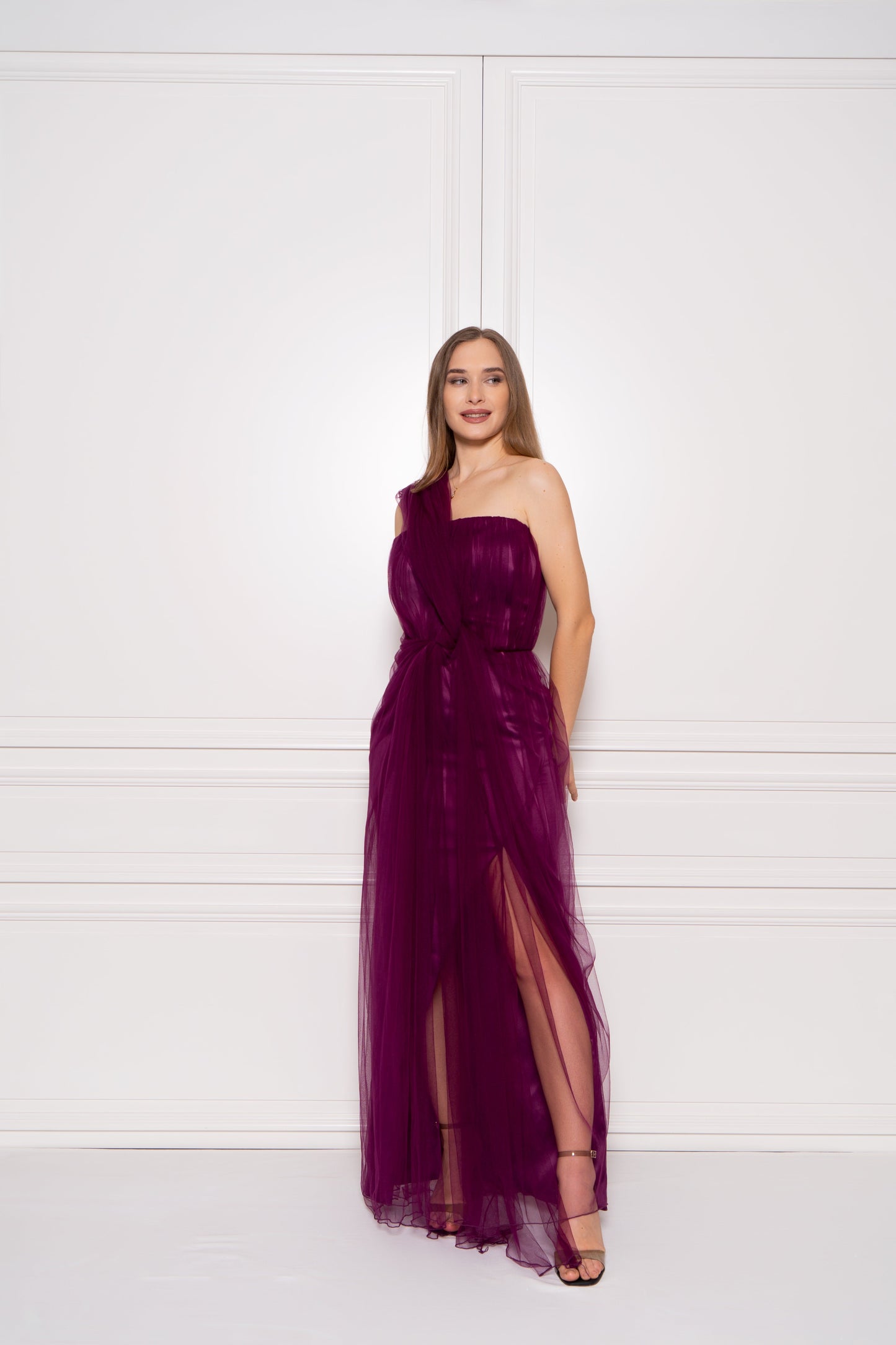 Royal Purple One-Shoulder Tulle Maxi Dress