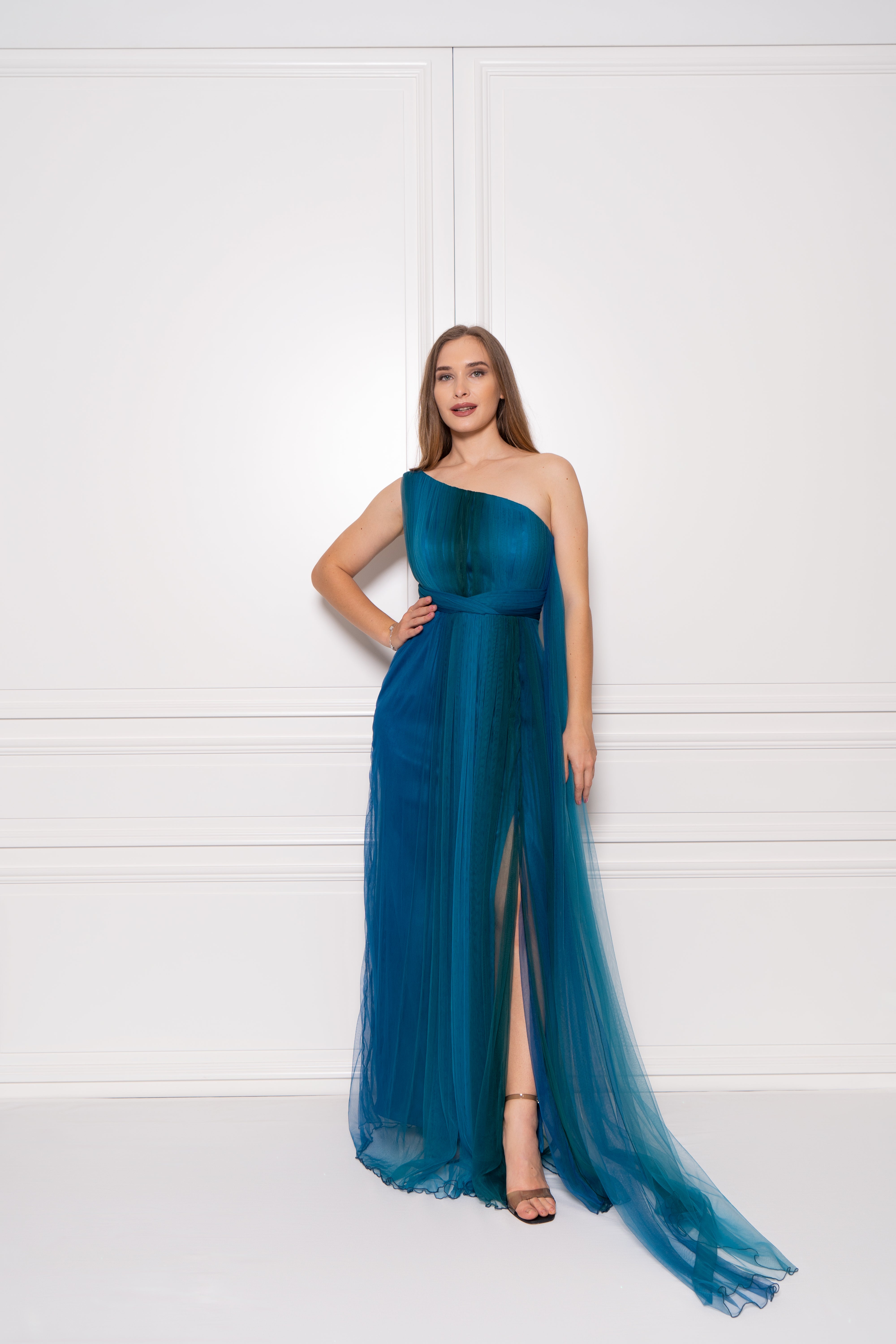 Gradient Turquoise One Shoulder Tulle Maxi Dress Safa Kerem