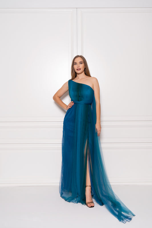 Gradient Turquoise One-Shoulder Tulle Maxi Dress