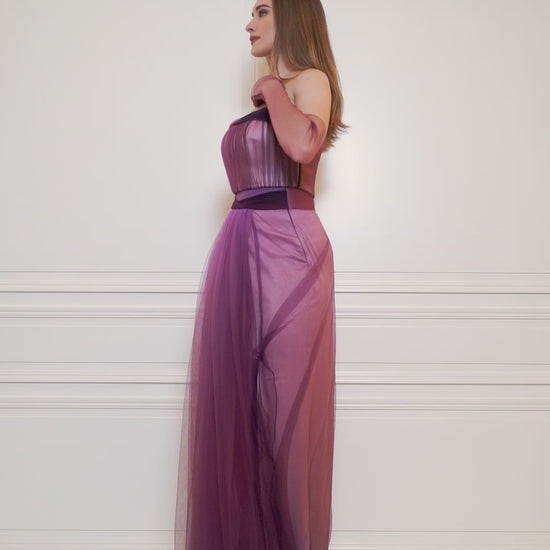 Gradient purple set, featuring a maxi skirt with a slit, crop top, and gloves for a regal touch.